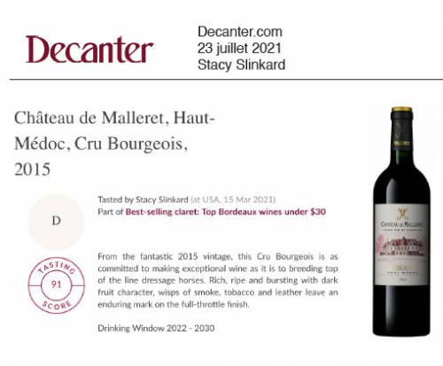 Article de presse Article Decanter - 23 juillet 2021 - Château de Malleret, AOC Haut-Médoc, Cru Bourgeois 2015, value meets quality