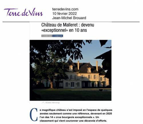 Article de presse Terre de Vins - 10 février 2022 - Château de Malleret : devenu « exceptionnel » en 10 ans