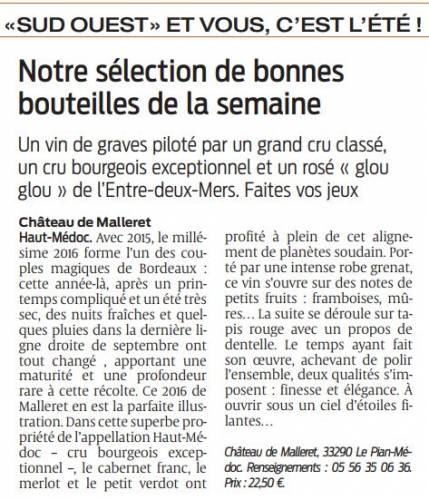 Article de presse Sud Ouest - 15 août 2023 - Notre sélection de bonnes bouteilles de la semaine