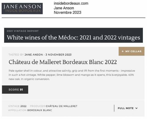 Article de presse Jane Anson - Inside Bordeaux - 2023-11-03 - White wines of the Médoc