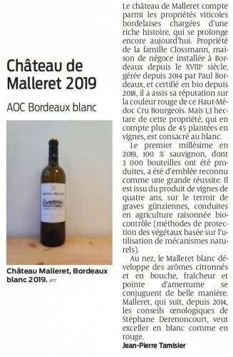 Article de presse Sud Ouest - 23 juillet 2021 - Château de Malleret, AOC Bordeaux Blanc 2019